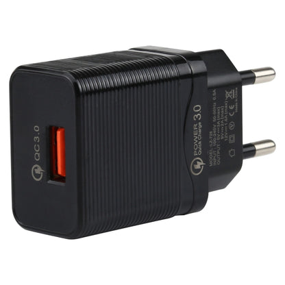 Black QC 3.0 travel charger with EU plug and orange USB port, side view