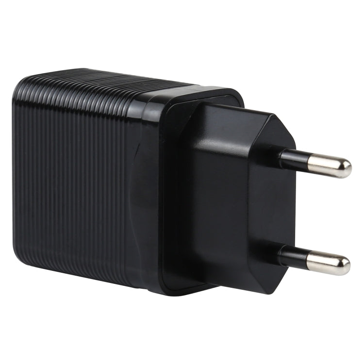 Black EU plug travel charger with QC 3.0 orange port, angled front view