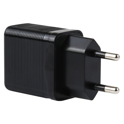 Black EU plug travel charger with QC 3.0 orange port, angled front view