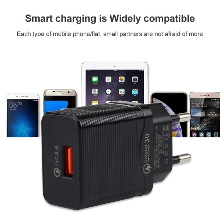 Black QC 3.0 travel charger with EU plug, orange USB port, used with phones