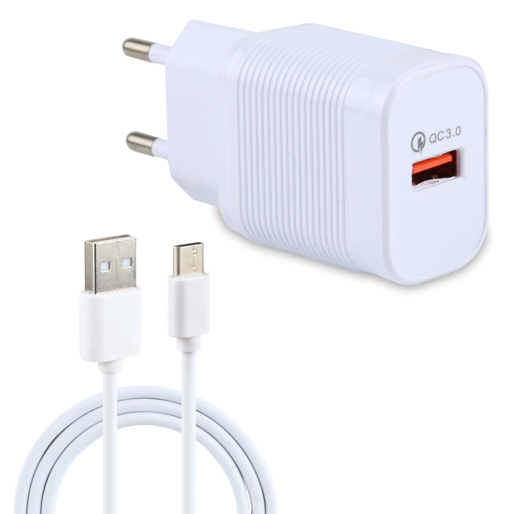 White QC 3.0 travel charger with EU plug, orange USB port, and USB-C cable