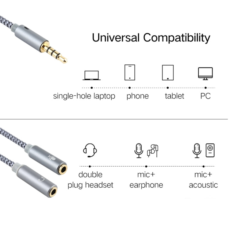 Braided 3.5mm audio splitter cable with dual 3.5mm outputs for mic and headphones