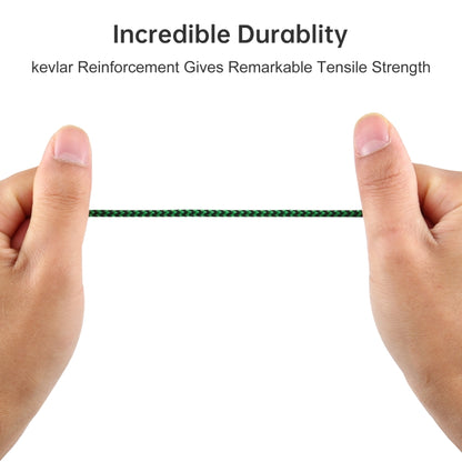 Green nylon braided 3.5mm male audio cable being stretched by hands