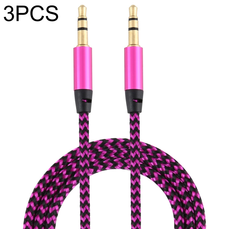 3.5mm male-to-male audio cable set, pink braided nylon, 1m, gold plugs (3-pack)