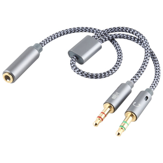 Grey braided audio cable with 3.5mm plug and dual male connectors
