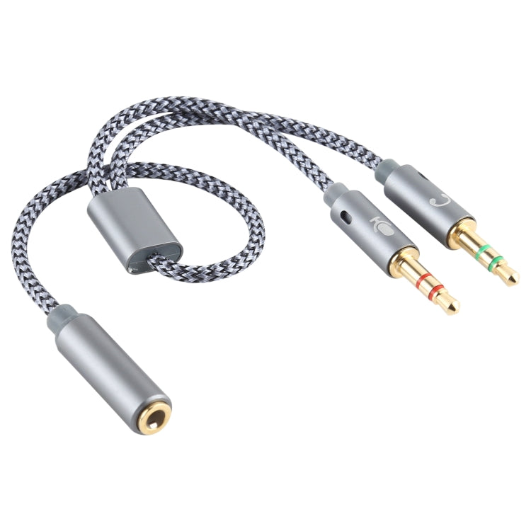 Grey braided audio cable with dual 3.5mm plugs and gold-toned tips