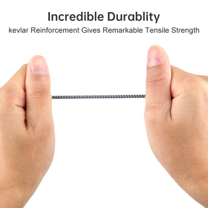 Grey braided audio cable held between fingers, showing reinforced braided section