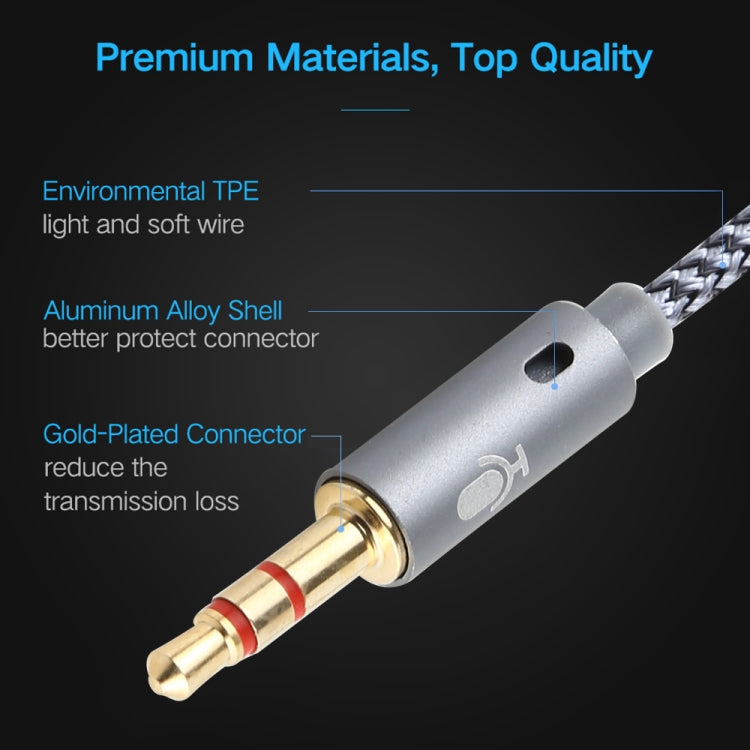 Grey braided audio cable close-up of gold-plated 3.5mm plug connector