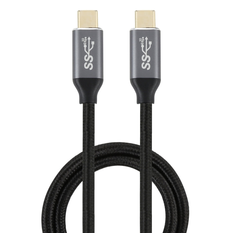Black braided USB-C male to USB-C male cable with gold connector tips, 1m length.