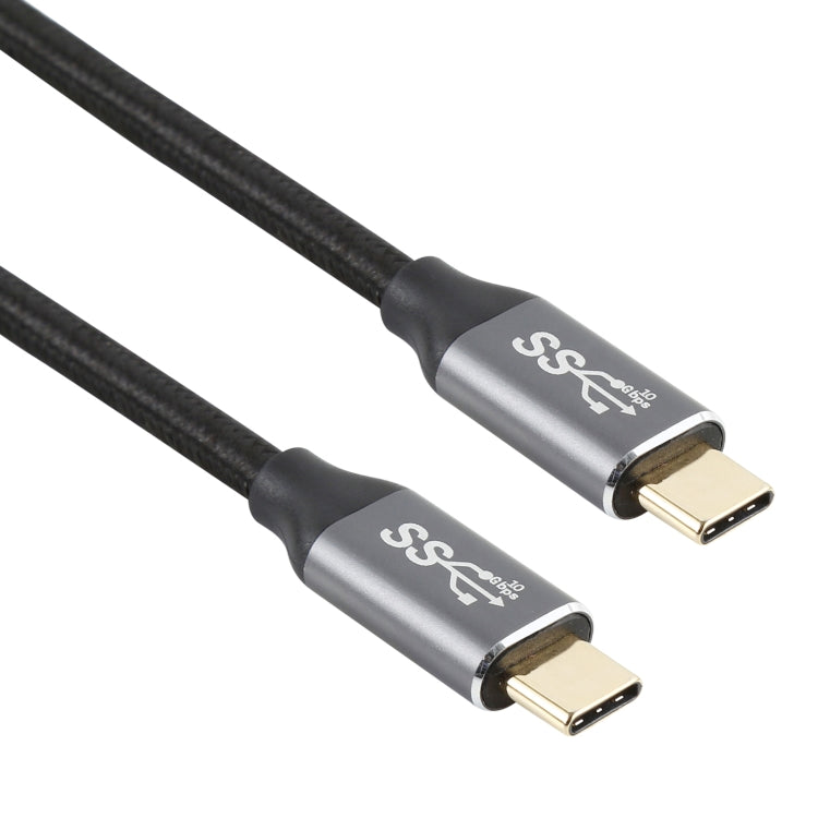 Close-up of black cable with silver USB-C male connectors and gold metal tips.