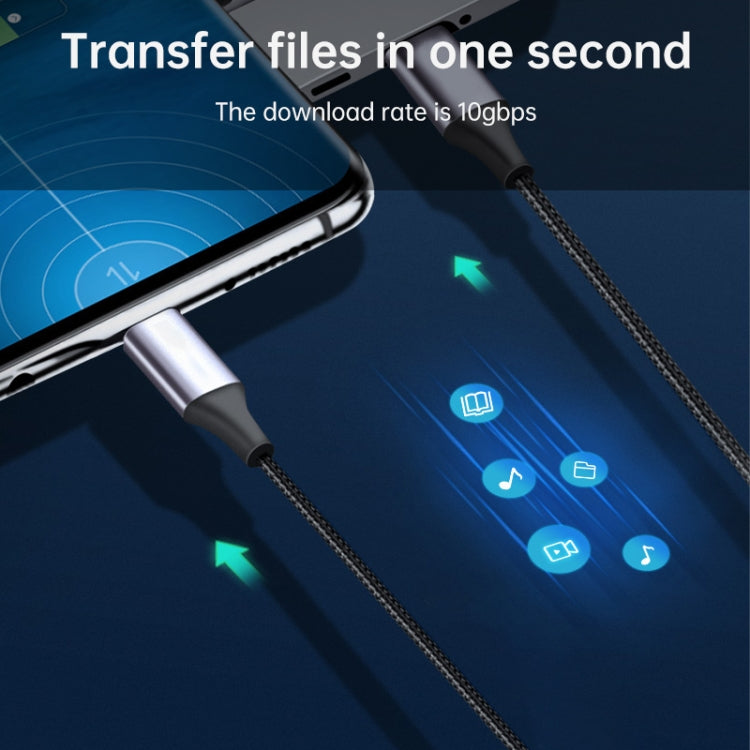 USB-C male connector and braided cable with data transfer style close-up.