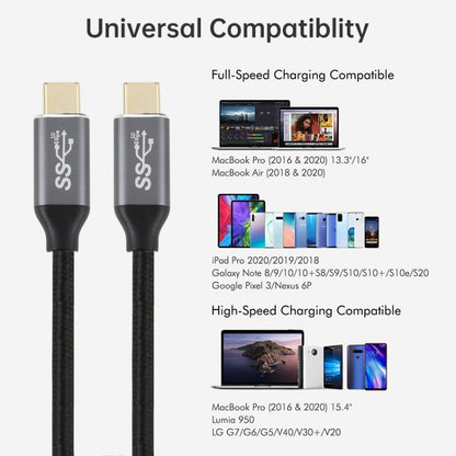 Two USB-C male connectors on black braided cable with gold tips.