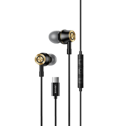 Wired USB-C in-ear earphones with metal earbuds, black cable and gold accents