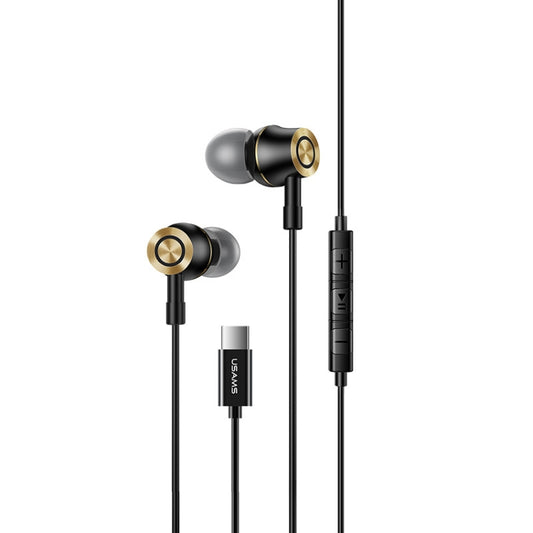 Wired USB-C in-ear earphones with metal earbuds, black cable and gold accents
