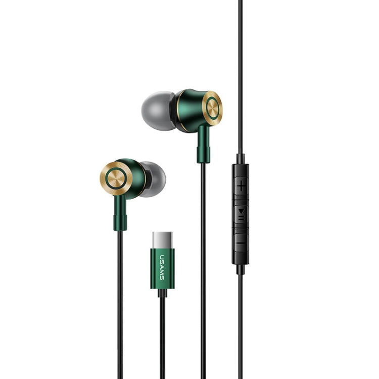 Wired USB-C in-ear earphones with green accents, metal earbuds and black cable