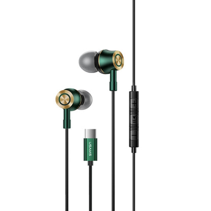 Wired USB-C in-ear earphones with green accents, metal earbuds and black cable