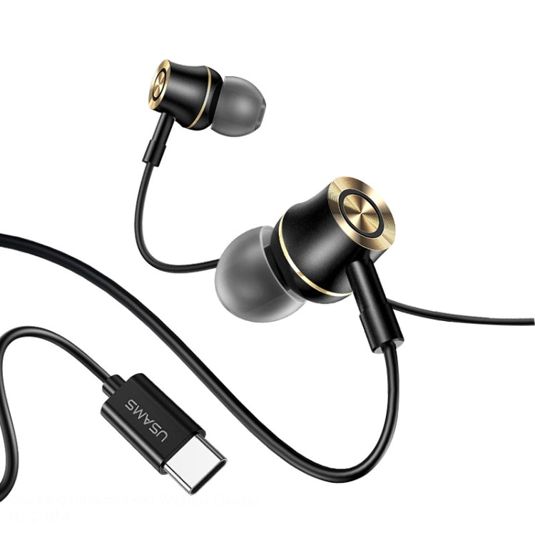 Wired USB-C metal in-ear earbuds with black cable and gold ring details