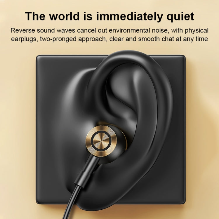 In-ear earphone with dark silicone tip and gold-accent metal faceplate
