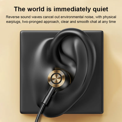 In-ear earphone with dark silicone tip and gold-accent metal faceplate