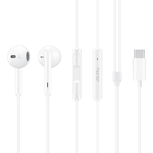White wired in-ear earphones with USB-C connector and inline control module