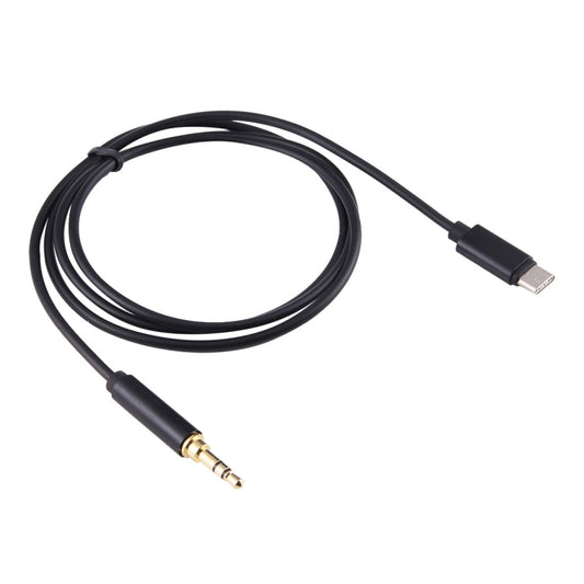Black USB-C to 3.5mm audio adapter cable with USB-C plug and 3.5mm male jack.
