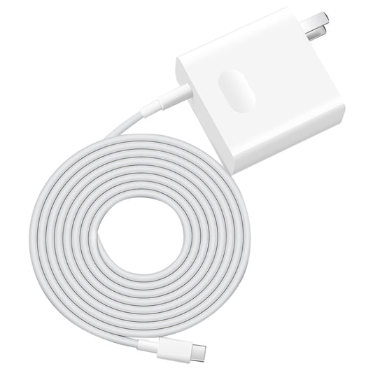 White Huawei MateBook laptop power adapter with coiled cable and US plug