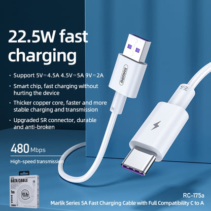 White 22.5W USB-A to USB-C charging data cable with 1m length, Remax