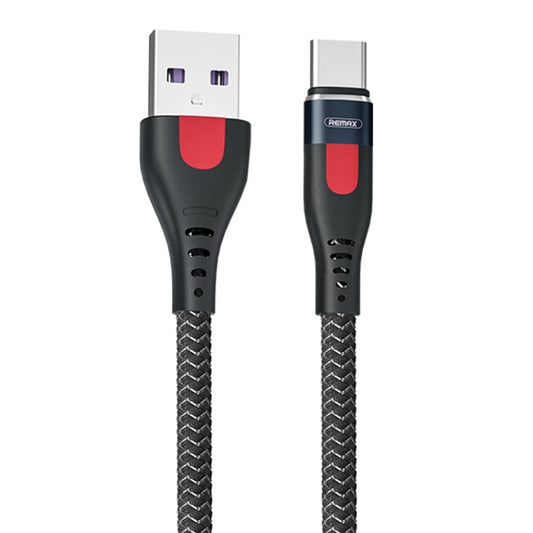 Braided USB-A to USB-C charging data cable with black housing and red accent.