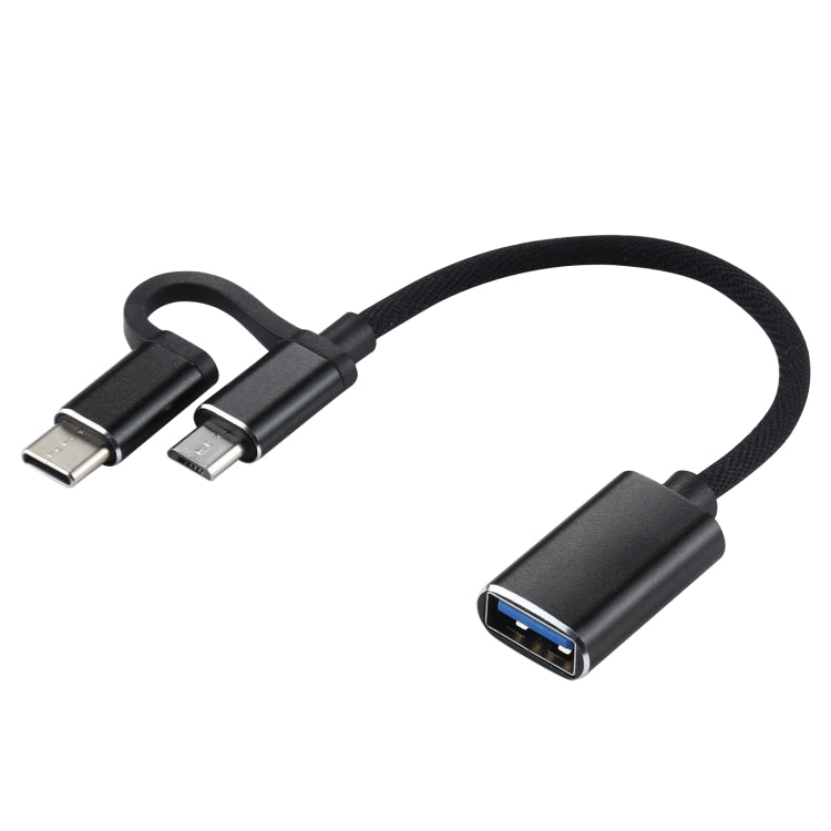 Black USB 3.0 adapter cable with micro USB and USB-C male connectors, braided nylon