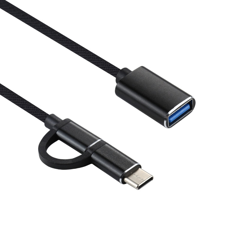 Black braided USB 3.0 adapter cable with USB-C and micro USB male connectors