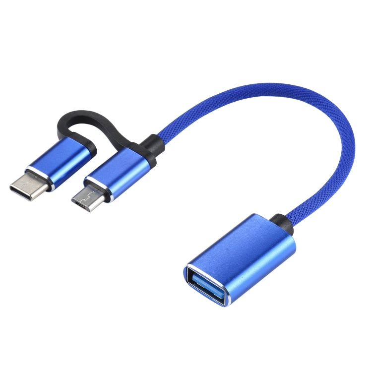 Blue braided USB 3.0 adapter cable with micro USB and USB-C male connectors