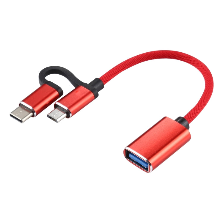 Red braided USB 3.0 adapter cable with micro USB and USB-C male connectors