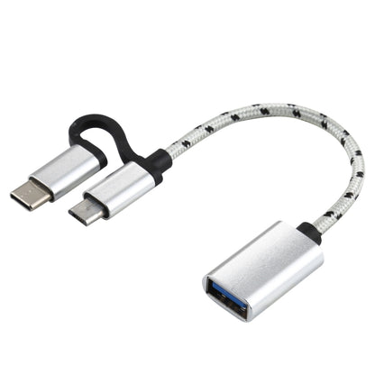 Silver braided USB 3.0 adapter cable with micro USB and USB-C male connectors
