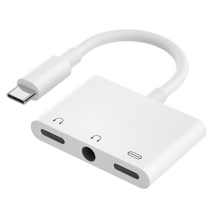 3-in-1 USB-C digital charge and audio adapter with USB-C plug and dual audio ports