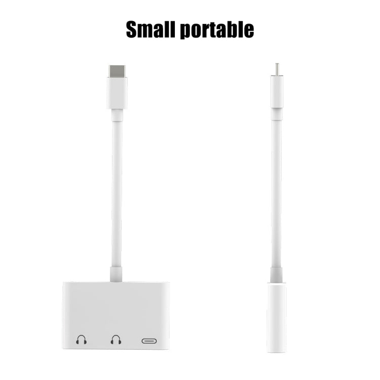 Compact USB-C adapter with short hub, USB-C plug, and charge/audio port connections