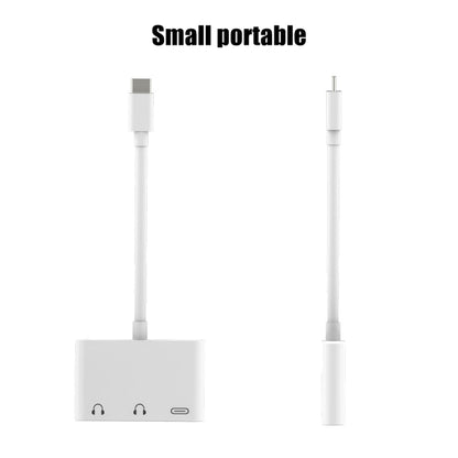 Compact USB-C adapter with short hub, USB-C plug, and charge/audio port connections
