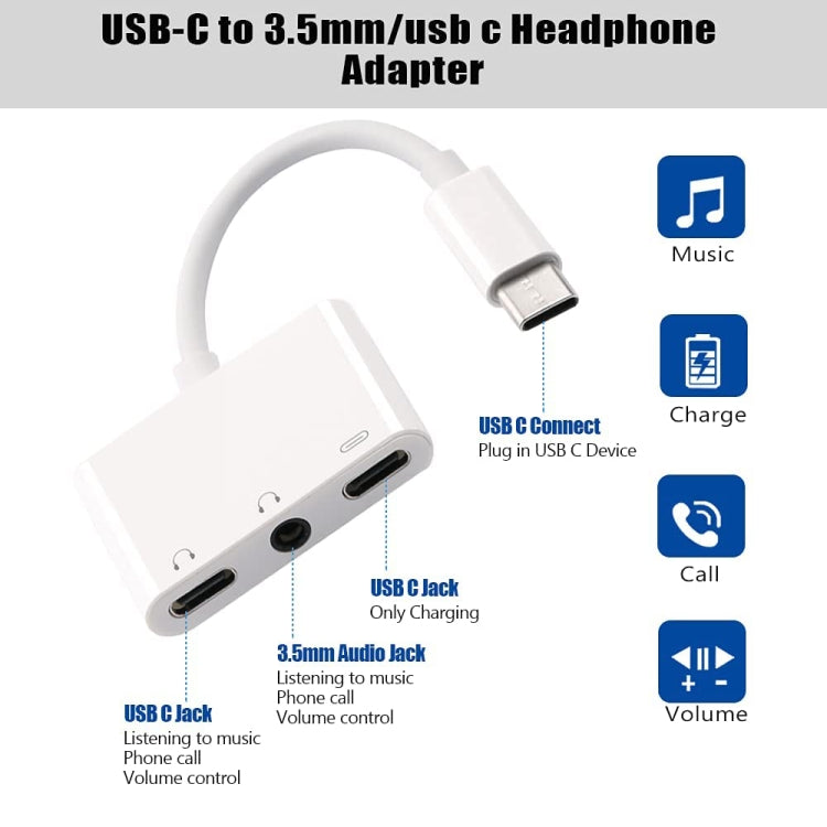 USB-C to 3.5mm headphone and charging adapter with USB-C plug and AUX jack