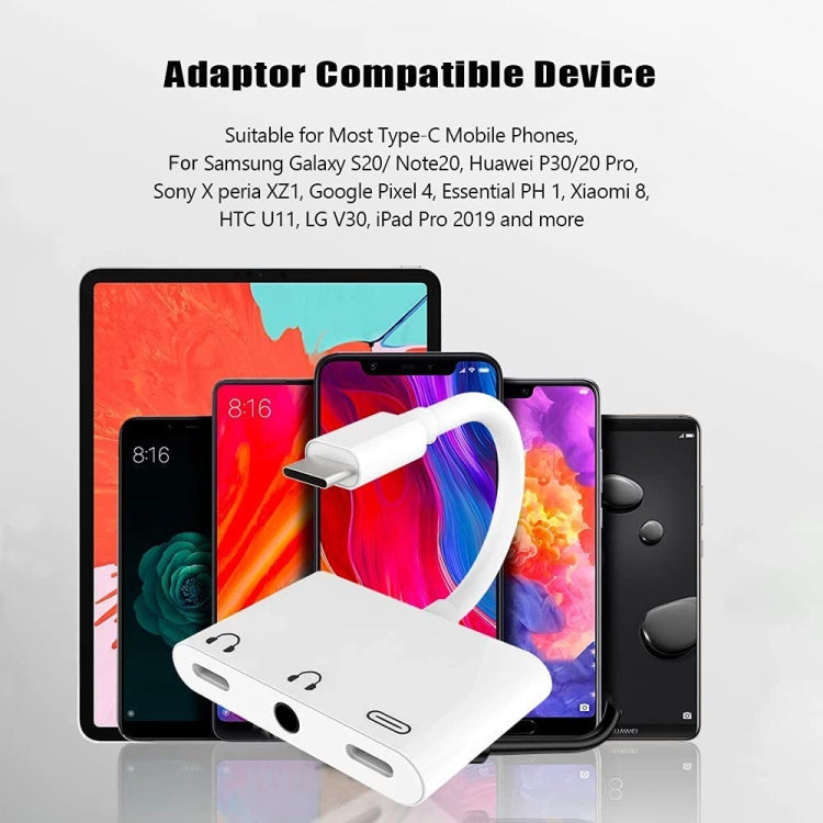 3-in-1 USB-C adapter with dual 3.5mm audio ports and USB-C charge connector