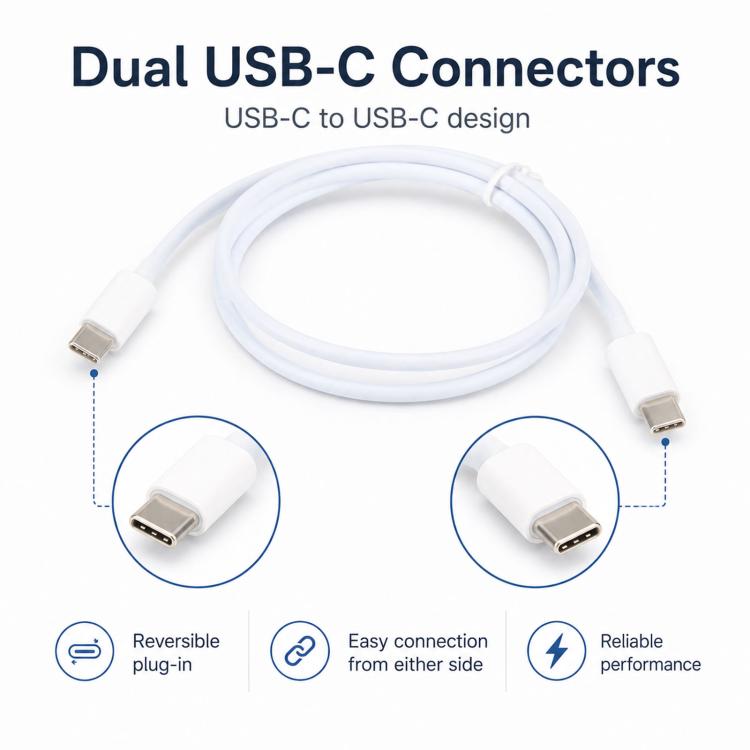 White USB-C to USB-C fast charging data cable, 1 m, dual male connectors