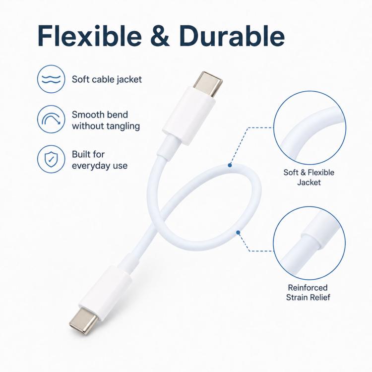 White flexible USB-C cable with reinforced strain relief at male ends, 1 m