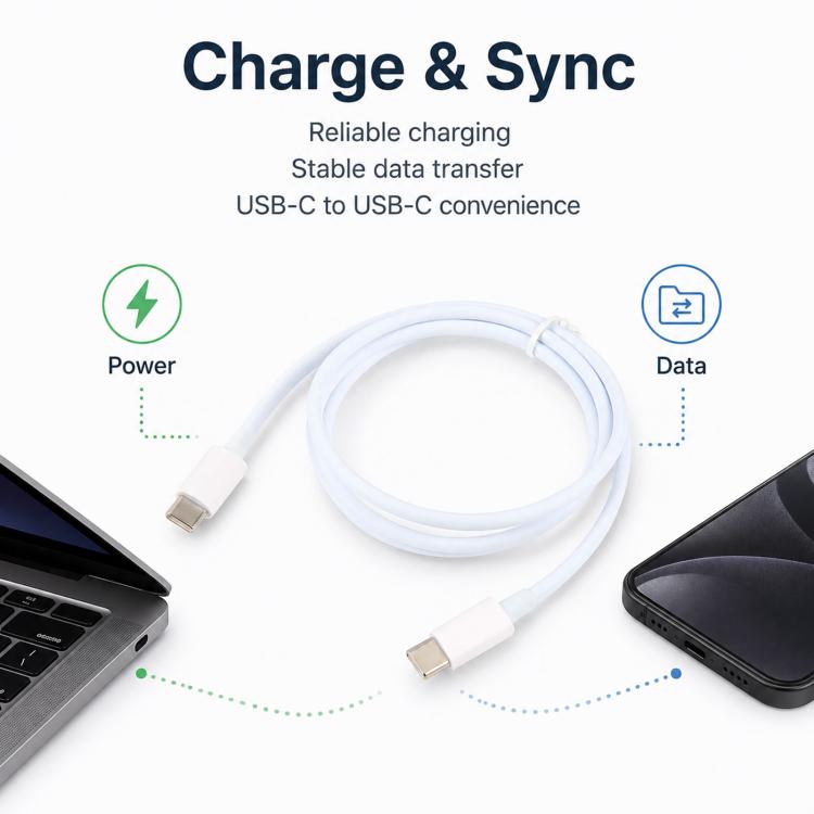 White USB-C to USB-C cable for charging and data transfer, 1 m