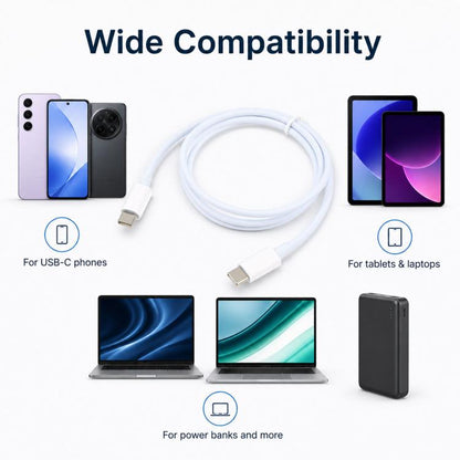 White USB-C to USB-C cable, 1 m, coiled with male connectors at both ends
