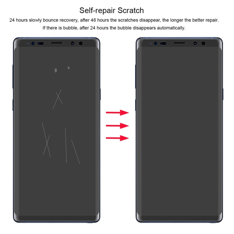 Galaxy Note 9 with self-repair scratch screen protector film, before and after