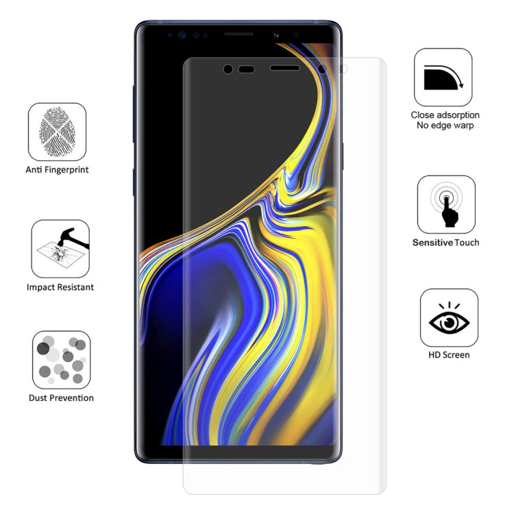 Galaxy Note 9 screen protector film with cutouts and protection icons on packaging