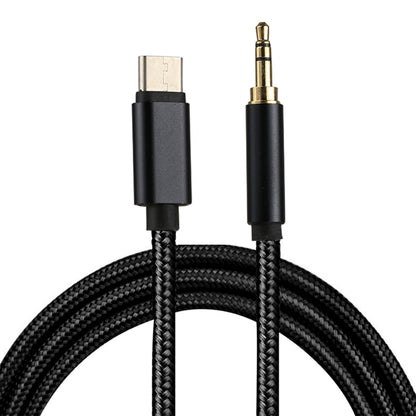 Black braided audio cable with Type-C and 3.5mm male connectors, gold tips