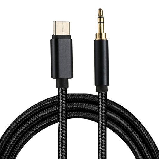 Black braided audio cable with Type-C and 3.5mm male connectors, gold tips