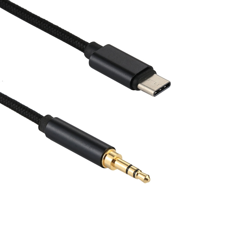 Black audio cable with Type-C plug and 3.5mm male headphone jack, gold tips