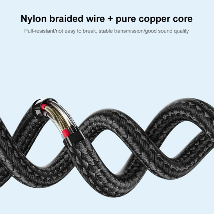 Close-up of black nylon braided audio cable with coiled textured jacket