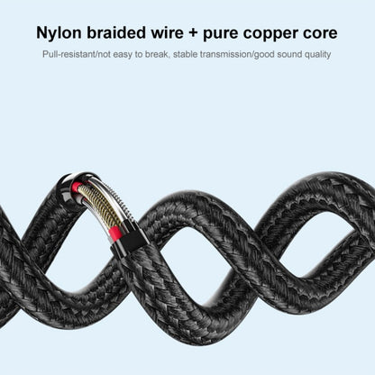 Close-up of black nylon braided audio cable with coiled textured jacket