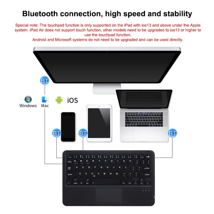 Bluetooth keyboard with touchpad shown with tablet and phone pairing